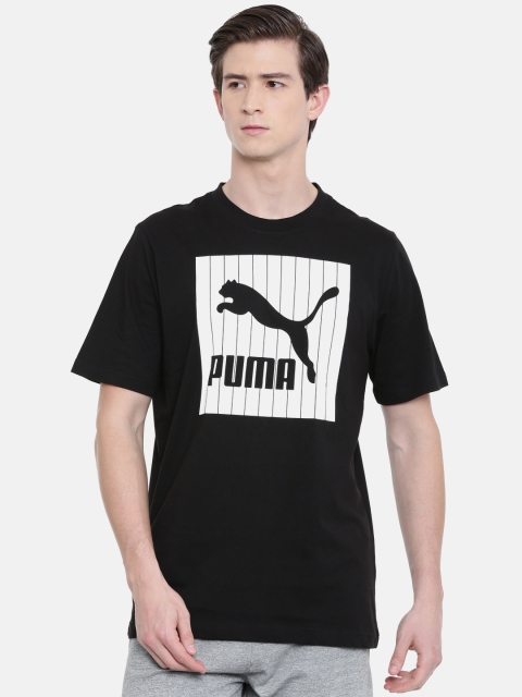 

Puma Men Black & White Pinstripe Graphic Printed Round Neck T-shirt