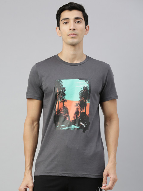 

Puma Men Grey Graphic Palms Photo Printed Round Neck T-shirt