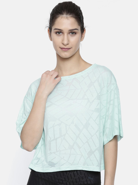 

Puma Women Turquoise Blue Self-Design Show Off Heather Boxy Top
