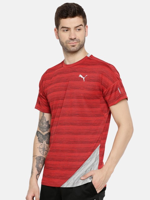 

Puma Men Red & Black Striped PACE S S High Risk Heather-Light DryCell Round Neck T-shirt