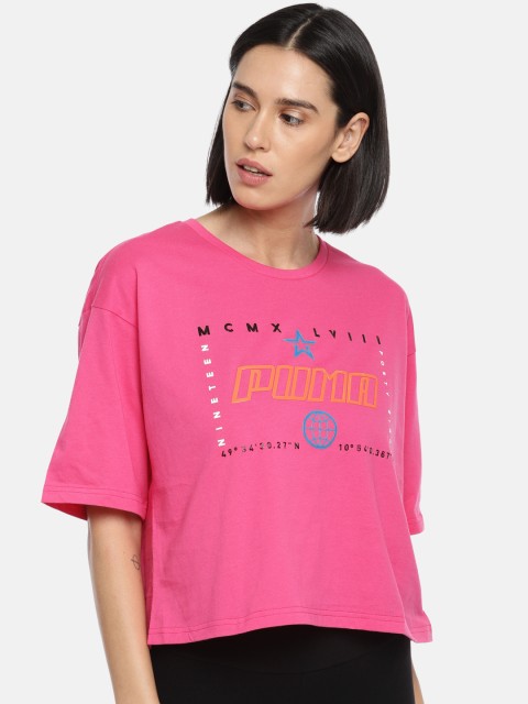 

Puma Women Pink Loose Fit TZ Printed Round Neck Pure Cotton T-shirt