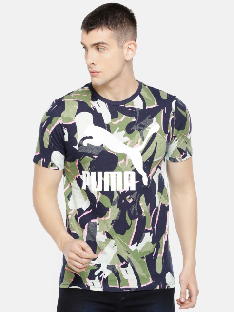 

Puma Men Olive Green & Navy Blue Printed Classics Logo Round Neck T-shirt