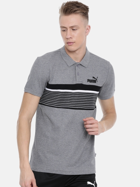 

Puma Men Grey & Black ESS+ Striped Polo Collar T-shirt
