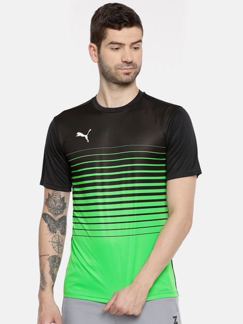 

Puma Men Black & Green Striped ftblPLAY Graphic dryCELL Slim Fit Football T-shirt