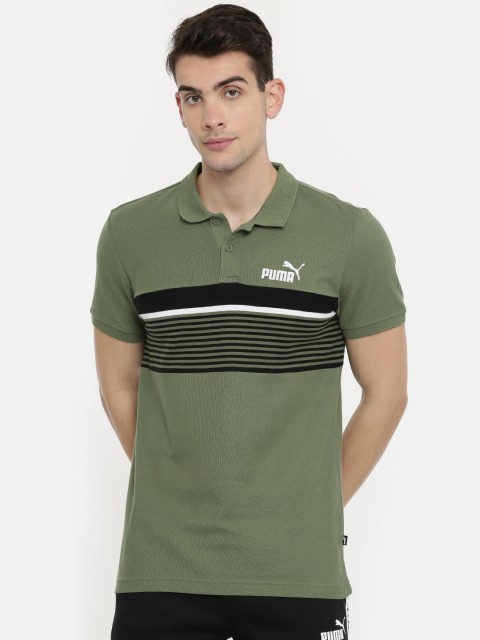 

Puma Men Olive Green Striped Slim Fit Polo Collar T-shirt