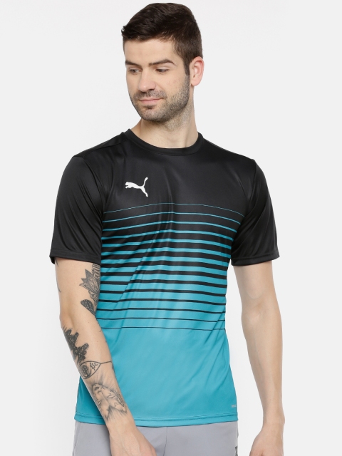 

Puma Men Black & Teal Blue Striped ftblPLAY Graphic DryCell T-shirt