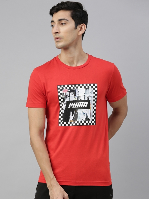 

Puma Men Coral Red Black Check Graphic Print Relaxed Fit Round Neck Cotton Pure Cotton T-shirt
