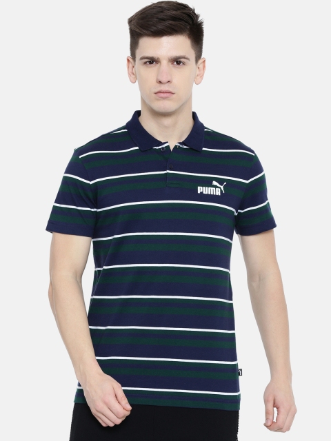 

Puma Men Navy Blue & Green Slim Fit ESS+ Striped Polo Collar T-Shirt