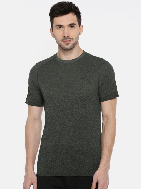 

Puma Men Black & Olive Green Slim Fit Self Design Evoknit Dry Cell Round Neck T-shirt