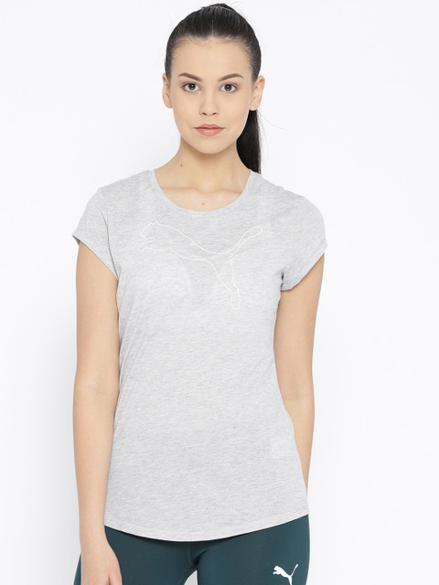

Puma Women Grey Melange Solid Active Logo Heather T-shirt with Printed Detail