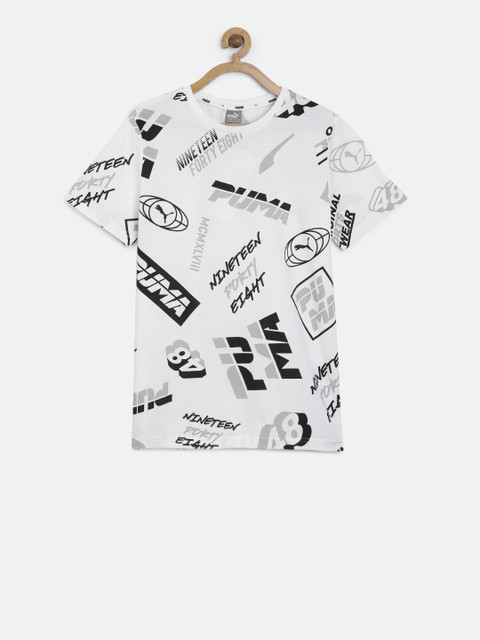 

Puma Boys White Black Alpha Graphic AOP Printed Round Neck Pure Cotton T-shirt