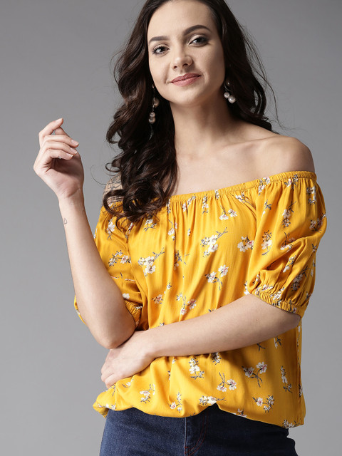 

HERE&NOW Women Mustard Floral Print Bardot Top
