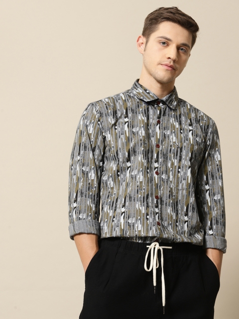 

Mr Bowerbird Men Grey & Olive Green Tailored Fit Striped Casual Shirt