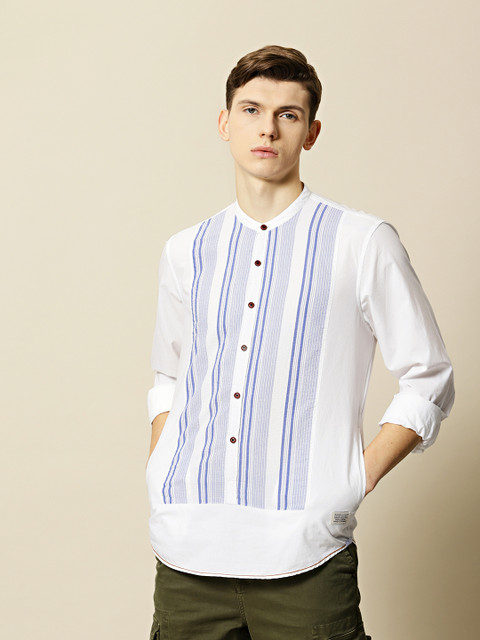 

Mr Bowerbird Men White & Blue Tailored Fit Self-Striped Casual Shirt