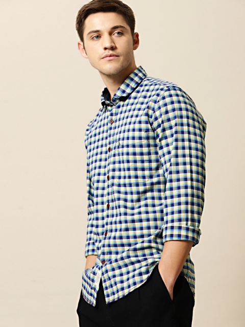 

Mr Bowerbird Men Navy Blue & Yellow Tailored Fit Checked Casual Shirt