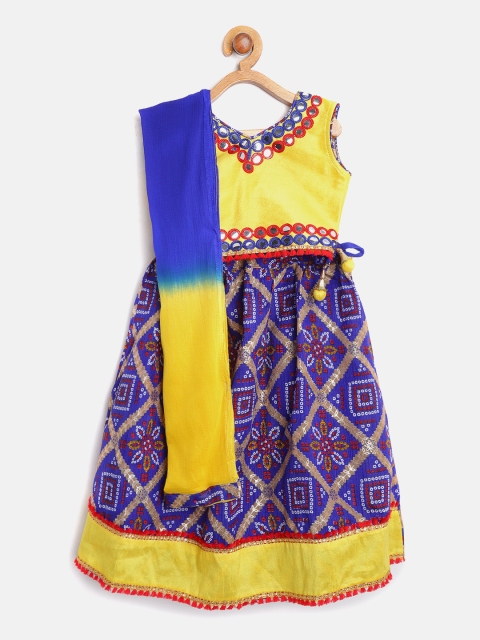

BownBee Girls Blue & Yellow Embellished Ready to Wear Lehenga & Blouse with Dupatta