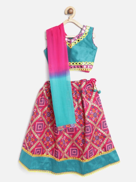 

BownBee Girls Pink & Teal Green Embellished Ready to Wear Lehenga & Blouse with Dupatta