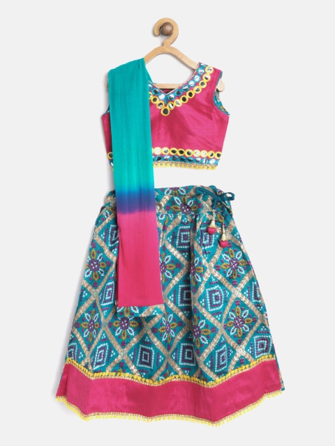 

BownBee Girls Blue & Pink Embellished Ready to Wear Lehenga & Blouse with Dupatta