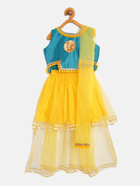 

BownBee Girls Yellow & Green Embellished Ready to Wear Lehenga & Blouse with Dupatta