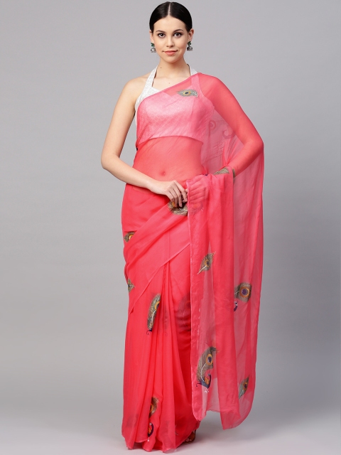 

Geroo Jaipur Pink Hand Painted Pure Chiffon Saree