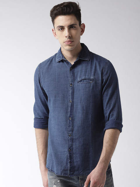 

GAS Men Blue Chambray Regular Fit Solid Casual Shirt, Navy blue