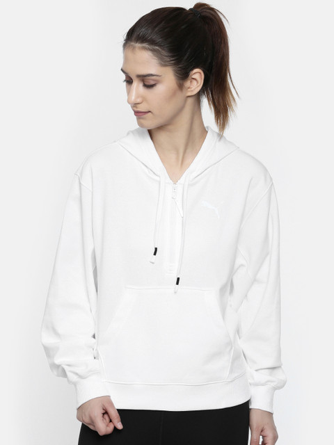 

Puma Women White Loose Fit Solid Feel It Cover up DRYCELL Hooded Sweatshirt