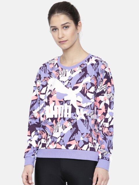 

Puma Women Lavender & White Printed Classics Logo Crew AOP Sweatshirt