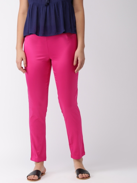 

Go Colors Women Pink Regular Fit Solid Cropped Shiny Cigarette Trousers