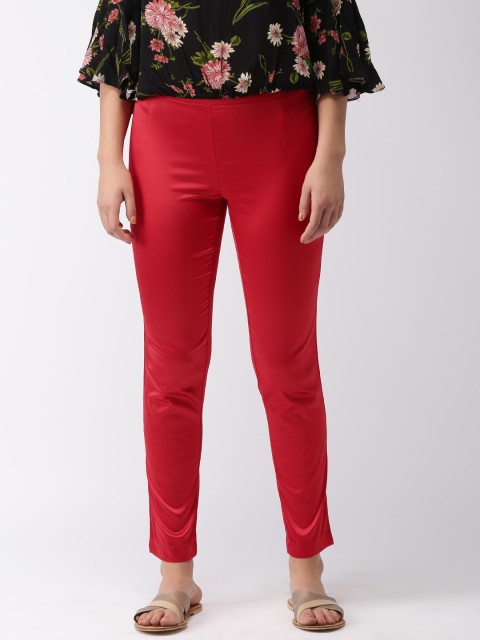 

Go Colors Women Red Regular Fit Solid Cropped Shiny Cigarette Trousers