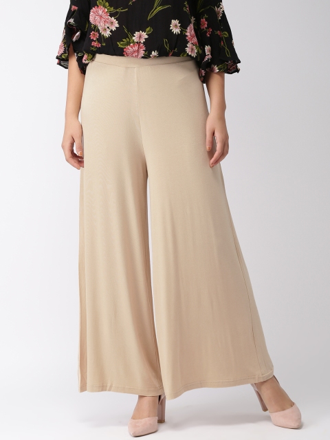 Go Colors Women Beige Solid Wrinkle Resistant Wide Leg Palazzos