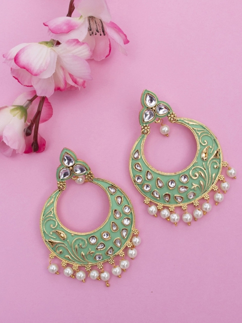 

Peora Women 18 K Gold-Plated & Green Crescent Shaped Chandbalis