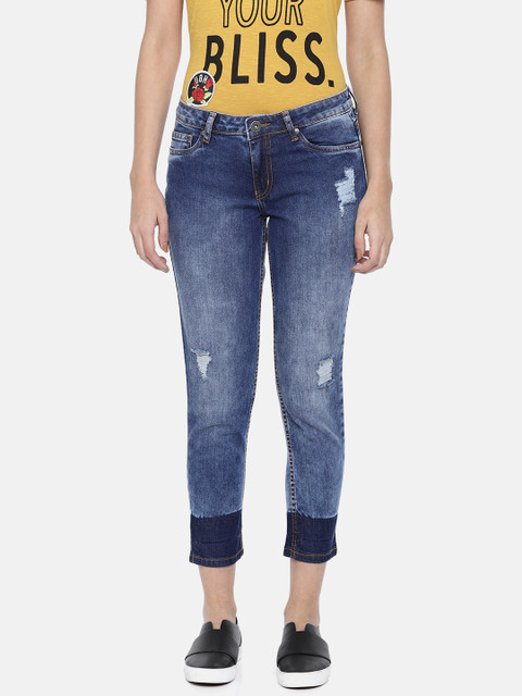 

People Women Blue Slim Fit Mid-Rise Mildly Distress Stretchable Cropped Jeans