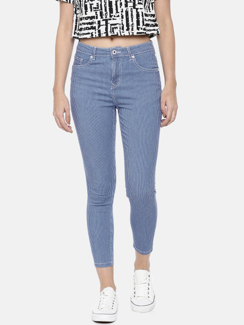 

People Women Blue & White Striped Skinny Fit High-Rise Clean Look Jeans
