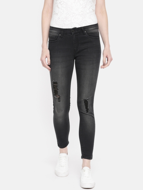 

People Women Navy Black Skinny Fit Mid-Rise Mildly Distressed Stretchable Cropped Jeans
