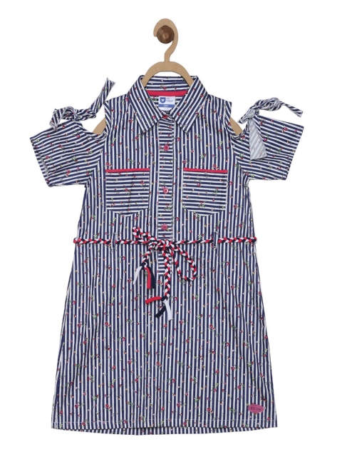 

612 league Girls Navy Blue & White Striped Cold-Shoulder Sleeves Shirt Dress