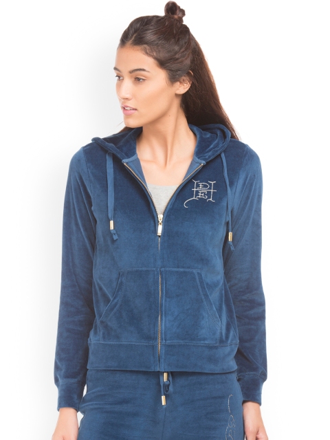 

Ed Hardy Women Blue Solid Velvet Finish Hooded Sweatshirt
