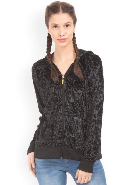 

Ed Hardy Women Black Self Design Velvet Finish Hooded Sweatshirt