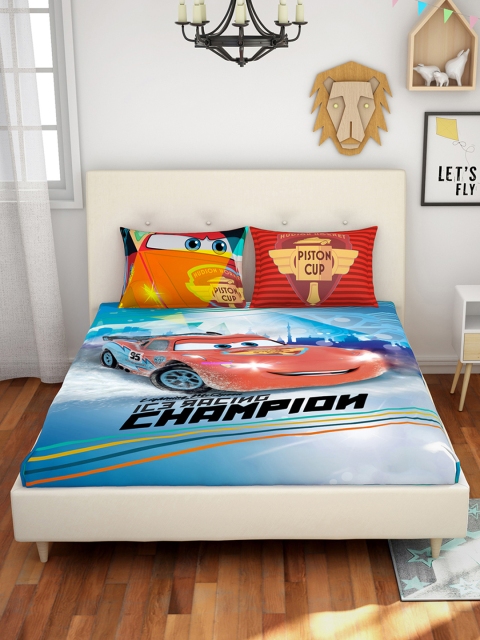 

SPACES Red & Blue Cars 180 TC Cotton 1 Queen Bedsheet with 2 Pillow Covers