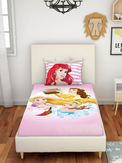 

SPACES Pink Disney Princess 180 TC Cotton 1 Single Bedsheet with 1 Pillow Covers