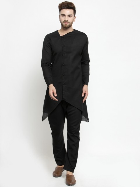 

TREEMODA Men Black Solid Linen Straight Kurta
