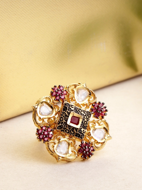 

Melani Borsa Women Magenta Gold-Plated Kundan Stones Handcrafted Adjustable Finger Ring