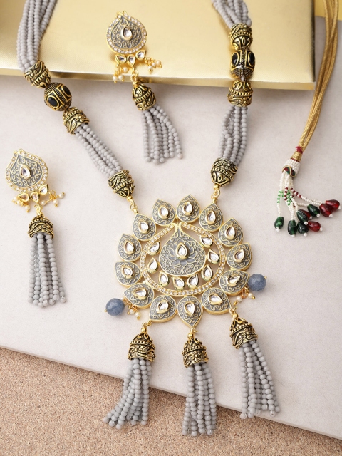 

Melani Borsa Antique Gold-Plated & Grey Handcrafted Stone-Studded Jewellery Set