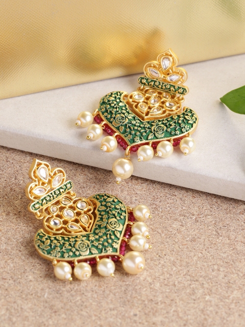

Melani Borsa Green Gold-Plated Handcrafted Enameled Polki Classic Drop Earrings