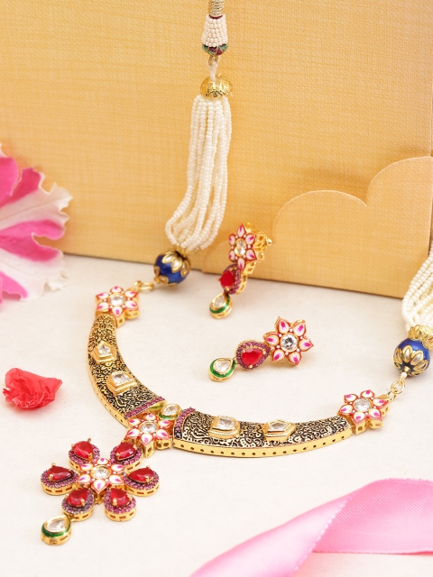 

Melani Borsa Pink & White Gold-Plated Stone-Studded & Beaded Meenakari Jewellery Set