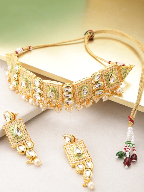 

Melani Borsa Green Gold-Plated Stone-Studded Handcrafted Enamelled Jewellery Set