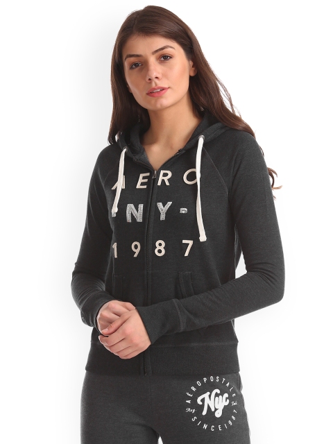 

Aeropostale Women Charcoal & Grey Printed Hooded Sweatshirt