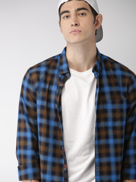

Harvard Men Blue & Olive Green Checked Casual Shirt