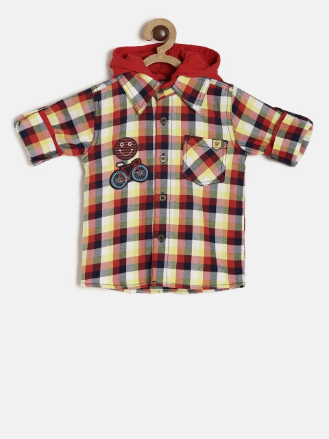 

612 league Boys Yellow & Red Regular Fit Checked Hooded Casual Shirt
