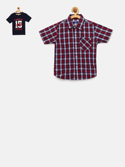 

612 league Boys Set Of Casual Shirt & T-shirt, Red