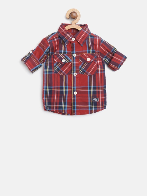 

612 league Boys Rust Red & Blue Regular Fit Checked Casual Shirt